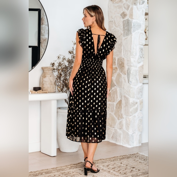 Lulus Sheer Metallic Polka Dot Ruffle Smocked Tie Cocktail Wedding Guest Dress - Picture 5 of 11